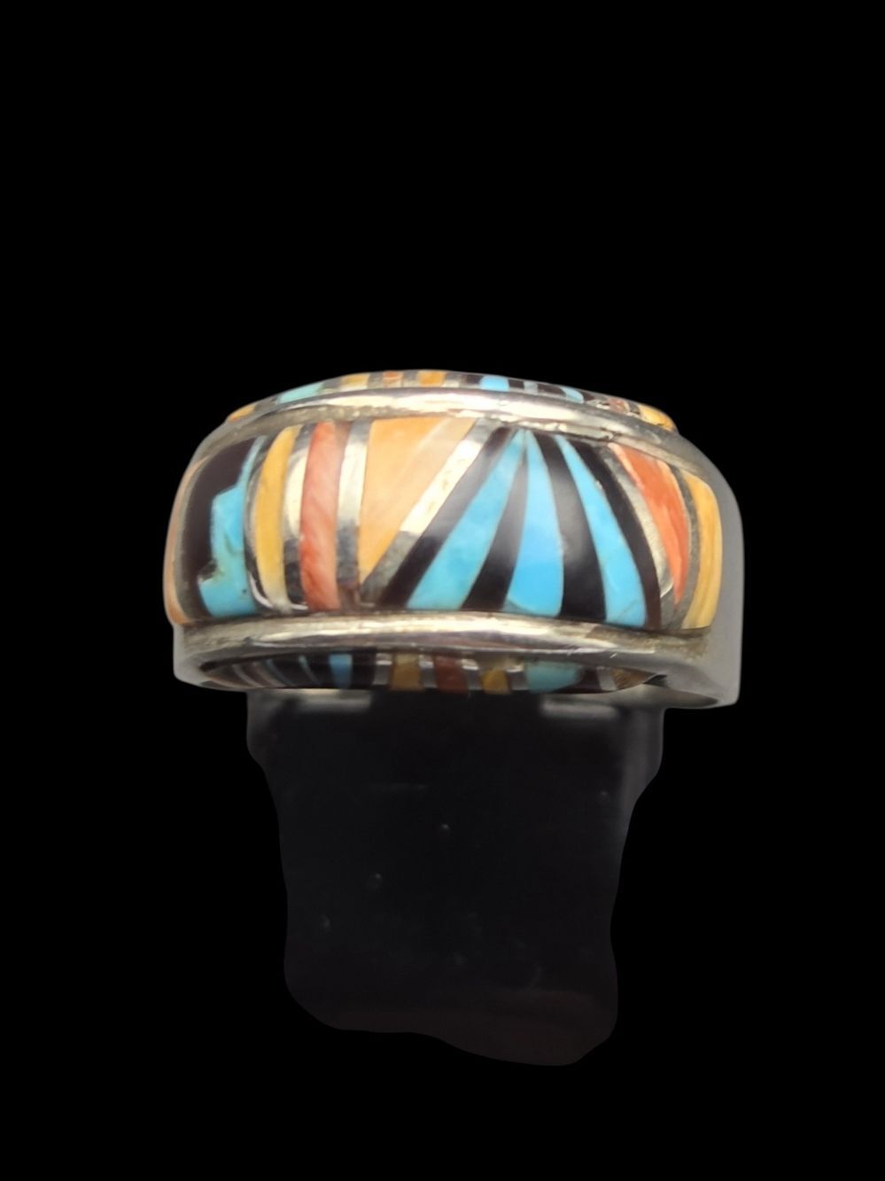 Sterling Silver Sunburst Inlay Ring, Turquoise, Coral & Yellow, Sz 7